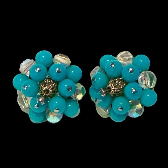 Vintage turquoise glass bead ab crystal filagree  cluster clip earrings - Picture 2 of 7